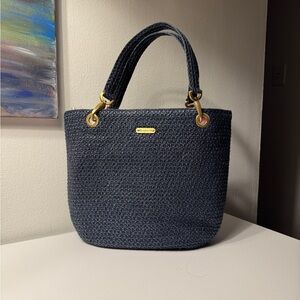 Eric Javits blue straw shoulder bag with gold hardware